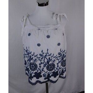 Draper James RSVP White Blue Floral Embroidered Tank Top L Sleeveless Tie Straps